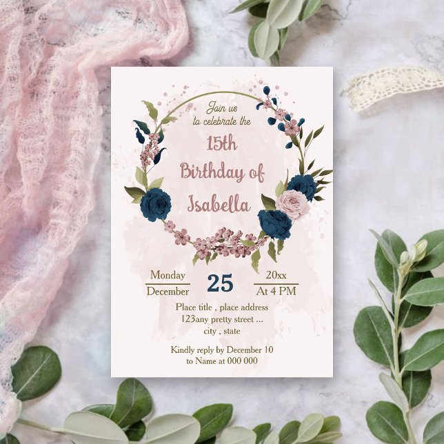 pink navy blue flowers botanical birthday invitation (Creator Uploaded)