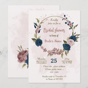 pink navy blue flowers botanical bridal shower invitation