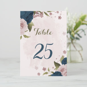 pink navy blue flowers botanical table number card