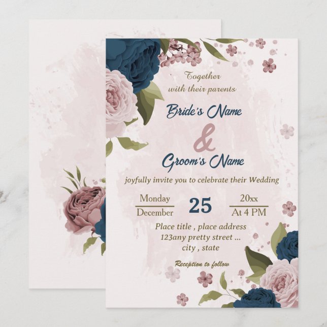 pink navy blue flowers botanical wedding invitation (Front/Back)