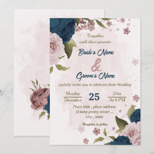 pink navy blue flowers botanical wedding invitation