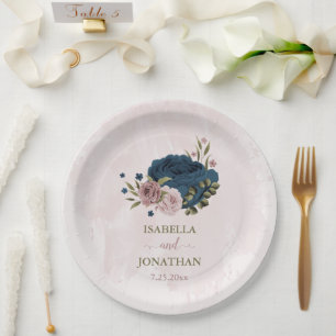 pink navy blue flowers botanical wedding paper plate