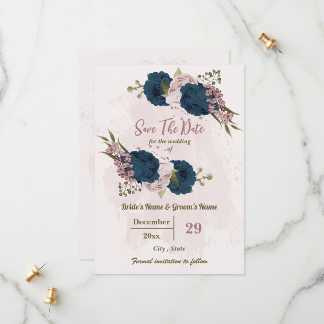 pink &navy blue flowers botanical wedding save the date (Front/Back In Situ)