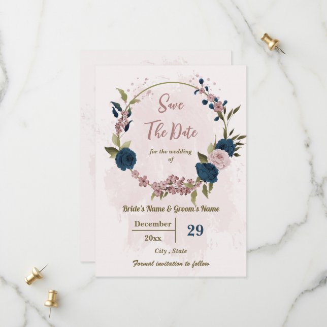 pink &navy blue flowers botanical wedding save the date (Front/Back In Situ)