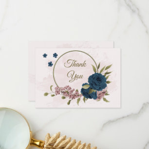 pink navy blue flowers botanical wedding thank you card