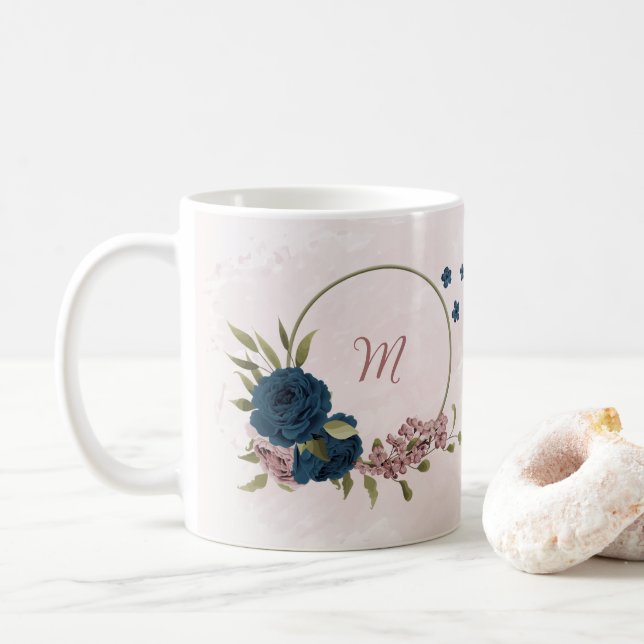 pink navy blue flowers  coffee mug (With Donut)
