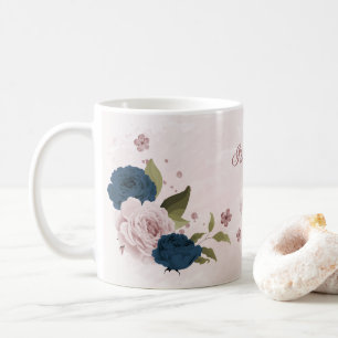pink navy blue flowers  coffee mug