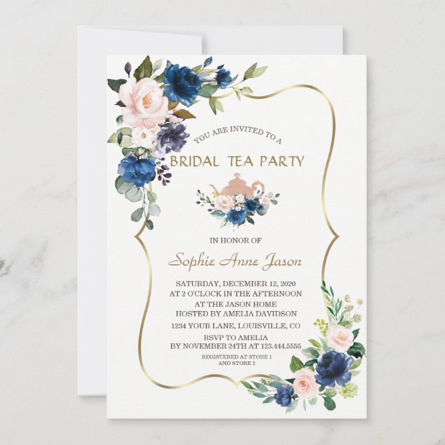 Pink Navy Blue Flowers Gold Bridal Tea Party Invitation (Front)