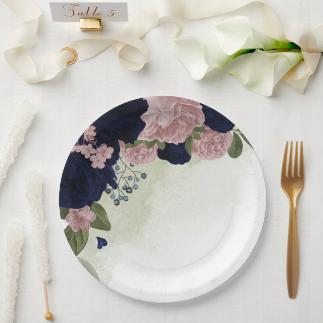 pink & navy blue flowers greenery paper plate (Wedding)