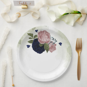 pink & navy blue flowers greenery paper plate