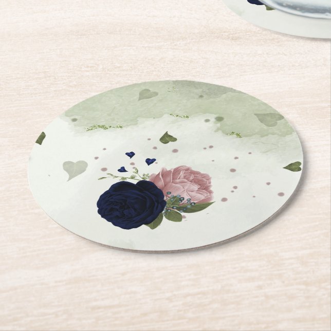 pink & navy blue flowers greenery round paper coaster (Angled)