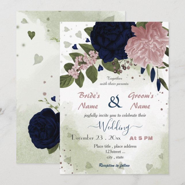 pink navy blue flowers greenery wedding invitation (Front/Back)