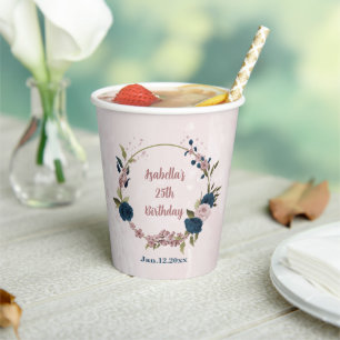 pink navy blue flowers paper cups
