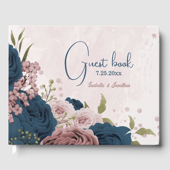 pink navy blue flowers wedding  guest book (Front)