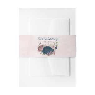 pink navy blue flowers wedding invitation belly band