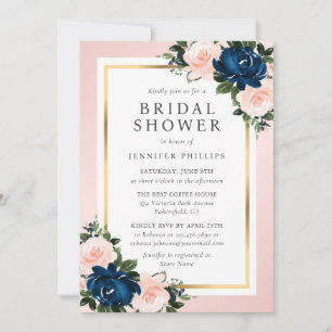 Pink Navy Blue Gold Floral Bridal Shower Invitation