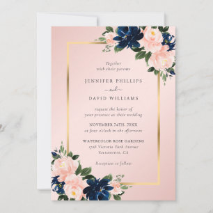 Pink Navy Blue Gold Watercolor Floral Wedding Invitation