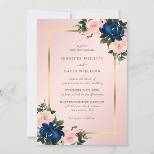 Pink Navy Blue Gold Watercolor Floral Wedding Invitation