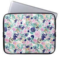 Pink Navy Blue Gold Watercolor Flowers Pattern