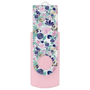 Pink Navy Blue Gold Watercolor Flowers Pattern USB Flash Drive
