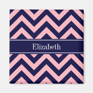 Pink, Navy Blue LG Chevron Navy Name Monogram Magnet