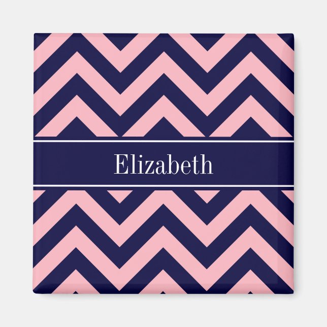 Pink, Navy Blue LG Chevron Navy Name Monogram Magnet (Front)