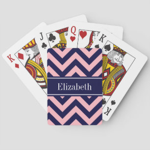 Pink, Navy Blue LG Chevron Navy Name Monogram Playing Cards