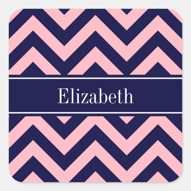Pink, Navy Blue LG Chevron Navy Name Monogram Square Sticker (Front)
