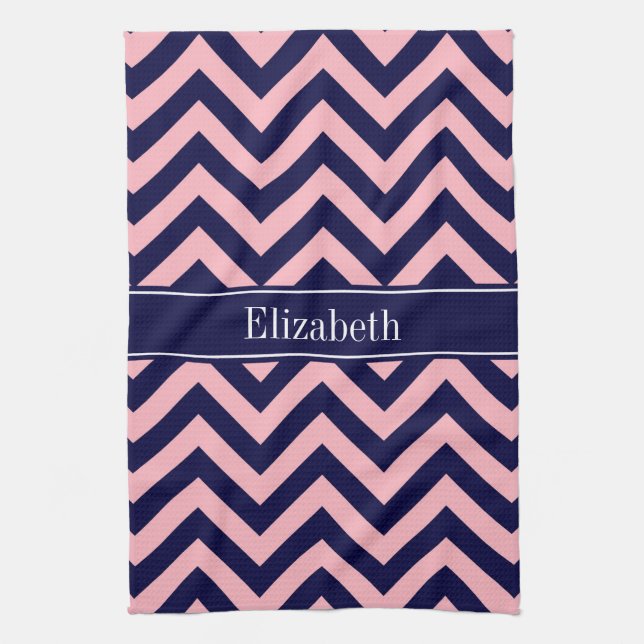 Pink, Navy Blue LG Chevron Navy Name Monogram Tea Towel (Vertical)