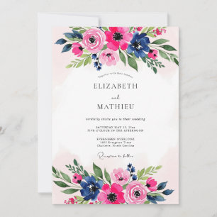 Pink Navy Blue Luxuriant Botanical Wedding Invitation