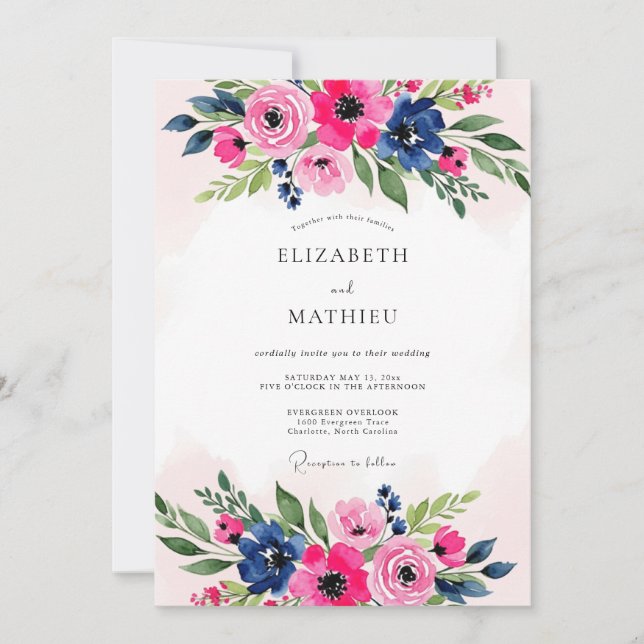Pink Navy Blue Luxuriant Botanical Wedding Invitation (Front)