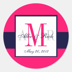 Pink Navy Blue Monogram Names Wedding Favour Classic Round Sticker