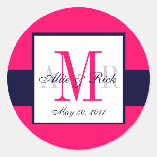 Pink Navy Blue Monogram Names Wedding Favour Classic Round Sticker
