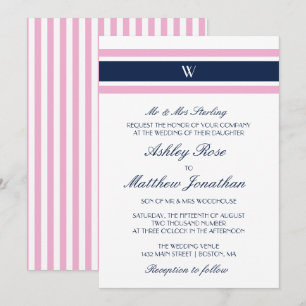 Pink & Navy Blue   Monogram Wedding Invitation