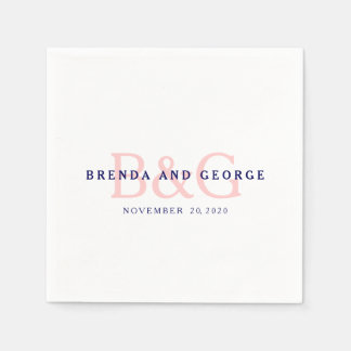 Pink Navy Blue Monogram Wedding Paper Napkins