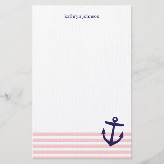 Pink & Navy Blue Nautical Stripes & Cute Anchor Stationery (Front)