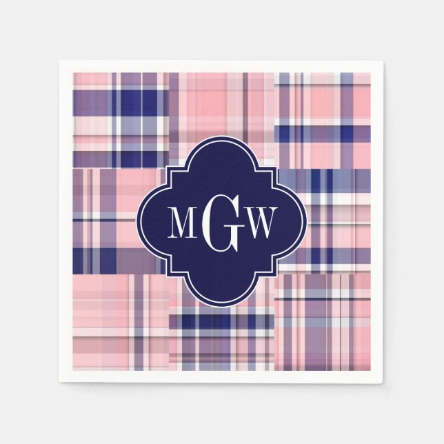Pink, Navy Blue Preppy Patchwork Madras Monogram Napkin (Front)