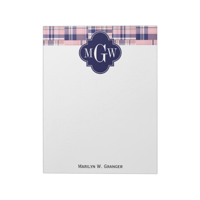 Pink, Navy Blue Preppy Patchwork Madras Monogram Notepad (Rotated)