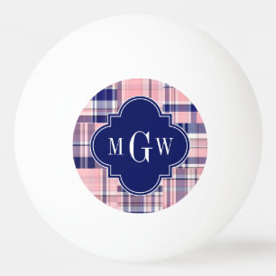 Pink, Navy Blue Preppy Patchwork Madras Monogram Ping Pong Ball