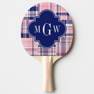 Pink, Navy Blue Preppy Patchwork Madras Monogram Ping Pong Paddle