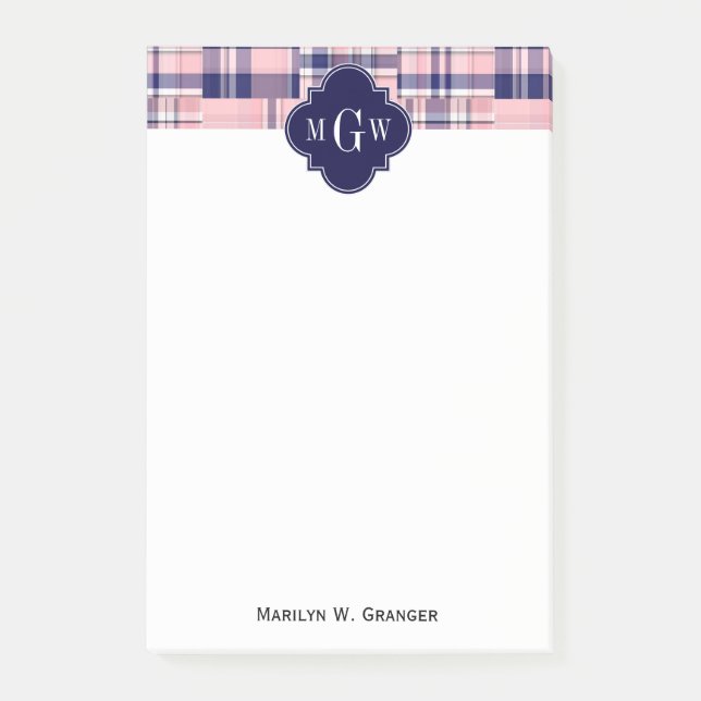 Pink, Navy Blue Preppy Patchwork Madras Monogram Post-it Notes (Front)