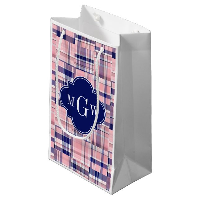 Pink, Navy Blue Preppy Patchwork Madras Monogram Small Gift Bag (Front Angled)