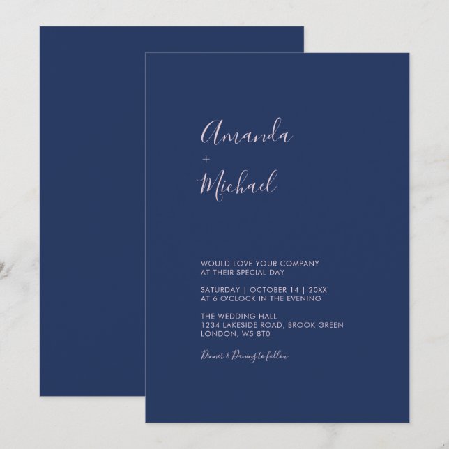 Pink & Navy Blue Simple Minimal Wedding Invitation (Front/Back)