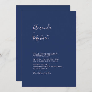 Pink & Navy Blue Simple Minimal Wedding Invitation