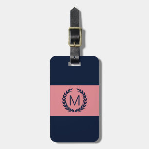 Pink & Navy Blue Stripe Laurel Wreath Monogram Luggage Tag