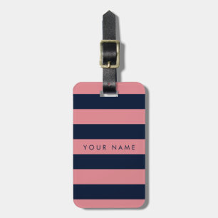 Pink & Navy Blue Striped Personalised Luggage Tag
