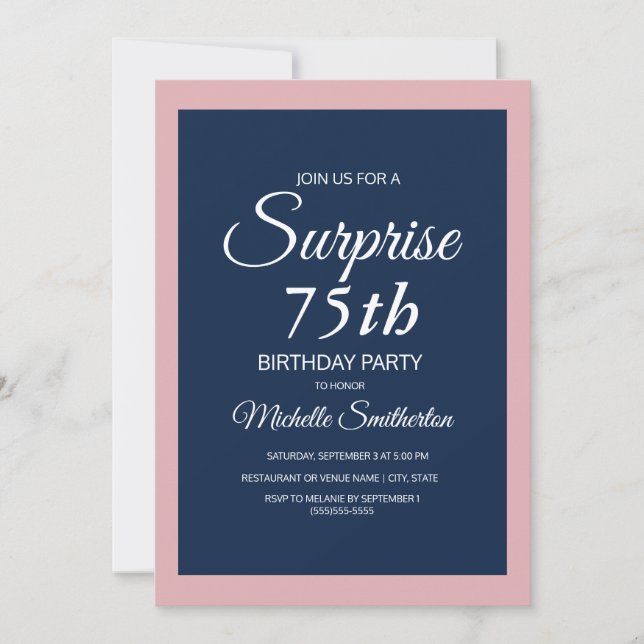 Pink Navy Blue Surprise 75th Birthday Invitation (Front)