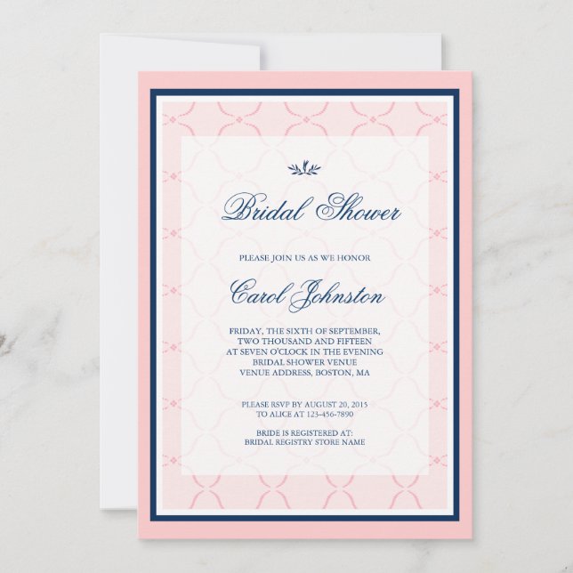 Pink, Navy Blue Traditional Bridal Shower Invitation (Front)