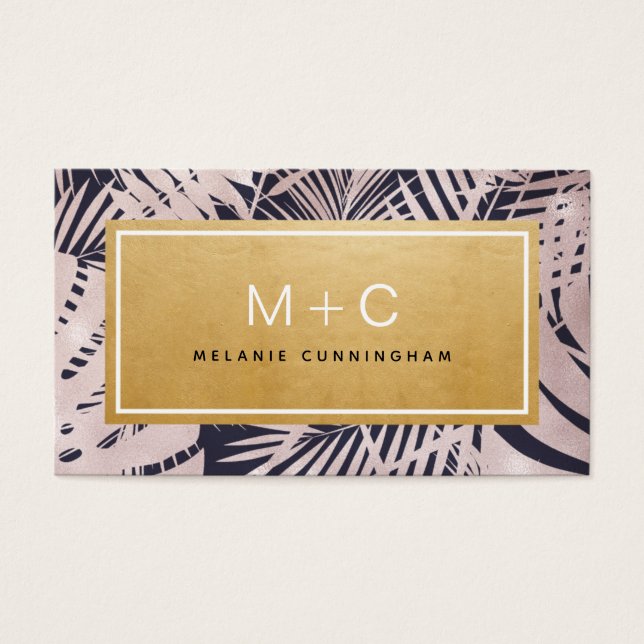 Pink Navy Blue Tropical Monogram Business Cards (Front)