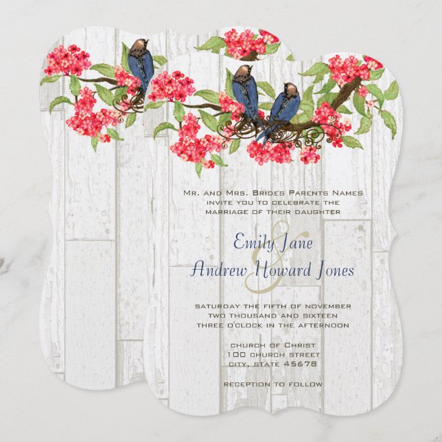 Pink Navy Blue Vintage Lovebird Barn Wood Invitation (Front/Back)